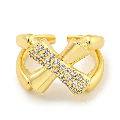 Rack Plating Brass Micro Pave Cubic Zirconia Cross Open Cuff Ring for Women RJEW-C082-10G-1