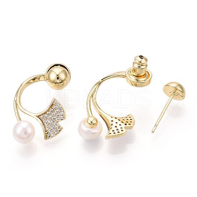 Ginkgo Leaf Natural Pearl Front Back Stud Earrings with Cubic Zirconia PEAR-N020-05Q-1