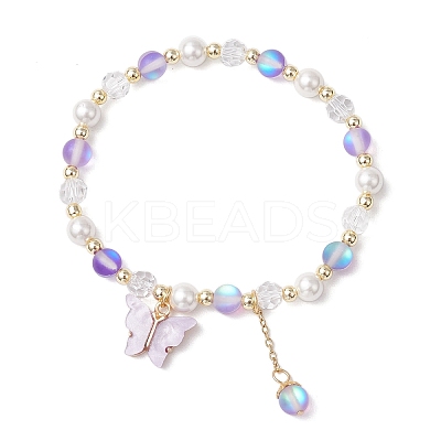 Frosted Dyed Synthetic Moonstone & Shell Pearl Round Beads Stretch Bracelets BJEW-JB11822-03-1