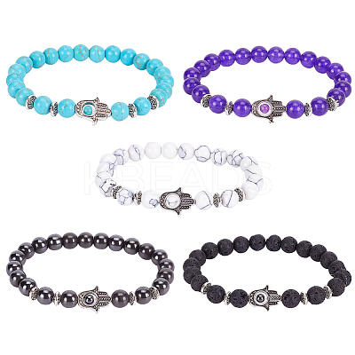 5Pcs 5 Style Natural & Synthetic Mixed Gemstone Round & Hamsa Hand Beaded Stretch Bracelets Set for Women BJEW-AN0001-33-1