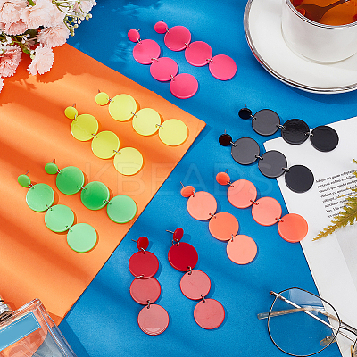 6 Pairs 6 Colors Flat Round Acrylic Dangle Stud Earrings with Steel Iron Pins for Women EJEW-AN0004-13-1