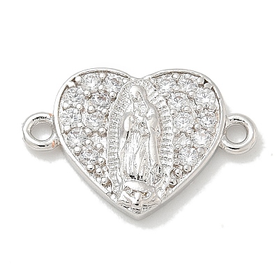 Rack Plating Brass Micro Pave Clear Cubic Zirconia Religion Heart Virgin Mary Connector Charms KK-L224-099P-05-1