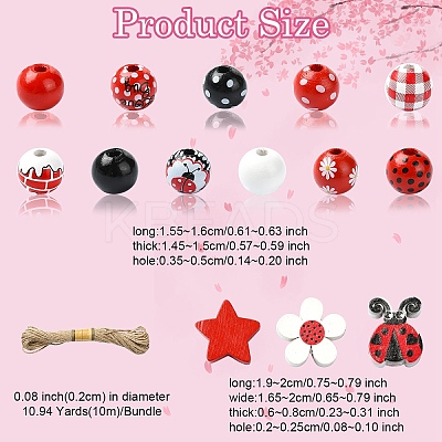70Pcs 14 Styles Printed Wood Round Beads with 10M Jute Cord WOOD-YW0001-18-1