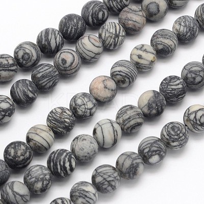Frosted Round Natural Black Polychrome Jasper/Picasso Stone/Picasso Jasper Beads Strands G-N0166-44-8mm-1
