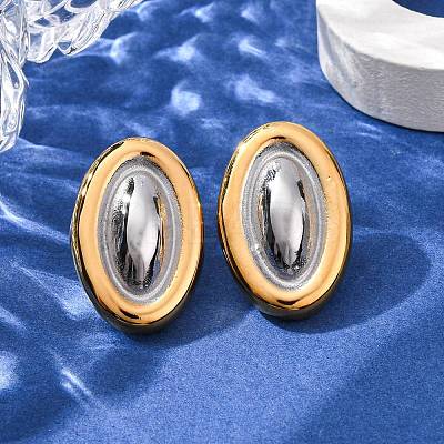304 Stainless Steel Two Tone Oval Stud Earrings for Women LS-EJEW-A136-01A-GP-1
