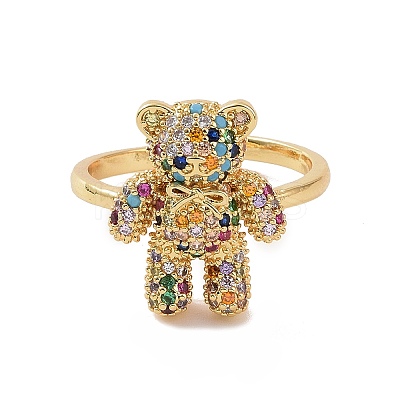 Cubic Zirconia Bear Open Cuff Ring RJEW-P083-01G-01-1