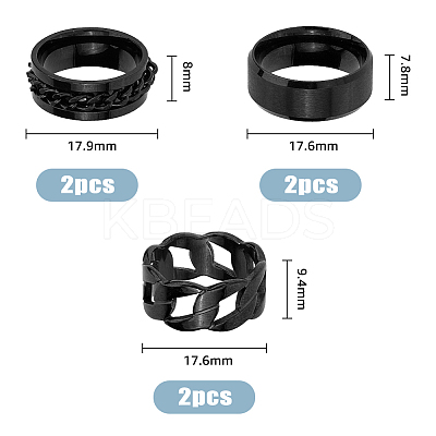 6Pcs 6 Style Stainless Steel Plain & Curb Chains Finger Rings Set for Women RJEW-FI0001-01-1