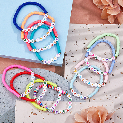 12Pcs 12 Style Handmade Polymer Clay Heishi Surfer Stretch Bracelets Set BJEW-AN0001-46-1