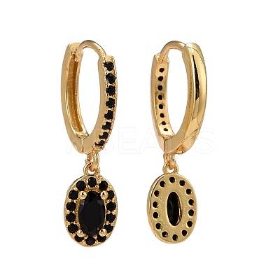 Black Cubic Zirconia Oval Dangle Huggie Hoop Earrings EJEW-C012-02-1