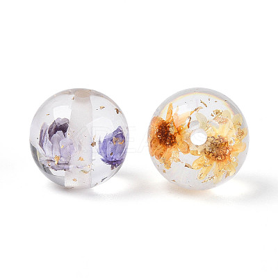 Transparent Resin & Gold Foil & Dried Flower Round Beads RESI-T060-44M-1