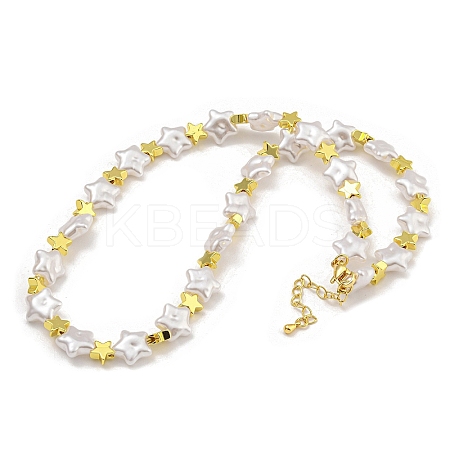 Rack Plating Brass & ABS Plastic Pearl Beads Star Beaded Necklaces for Women NJEW-C059-19G-1