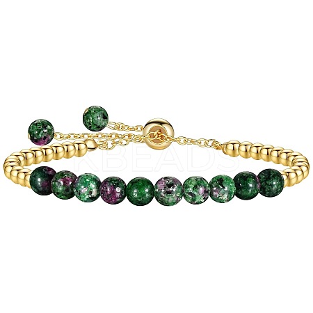 Natural Ruby in Zoisite 304 Stainless Steel Round Beaded Adjustable Slider Bracelets for Men Women AW1156-2-1