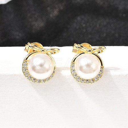 Bowknot with Round Brass Micro Pave Clear Cubic Zirconia Stud Earrings EJEW-A135-29G-1