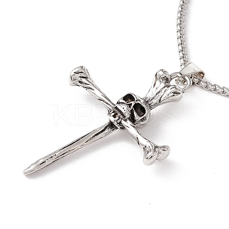 Alloy Cross with Skull Pendant Necklace with 201 Stainless Steel Box Chains LS-NJEW-E016-03AS-1