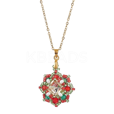 Christmas Theme Flower Glass Seed Beads & Rhinestone Pendant Necklaces NJEW-MZ00045-1