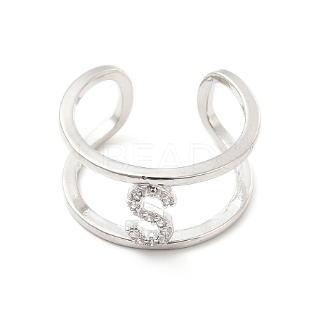 Clear Cubic Zirconia Initial Letter Open Cuff Ring RJEW-A012-01P-S-1