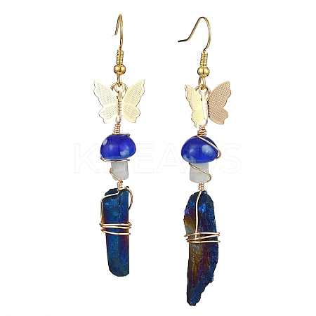 Dyed Natural Quartz Crystal Nugget & Mushroom Lampwork Dangle Earrings EJEW-TA00335-02-1