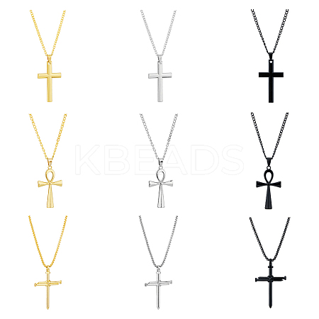 9Pcs 9 Style Stainless Steel & Alloy Cross Pendant Necklaces Set NJEW-FI0001-21-1