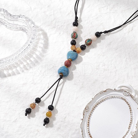 Retro Glass & Porcelain & Alloy Adjustable Nylon Cord Y Necklaces for Women NJEW-JN05360-02-1