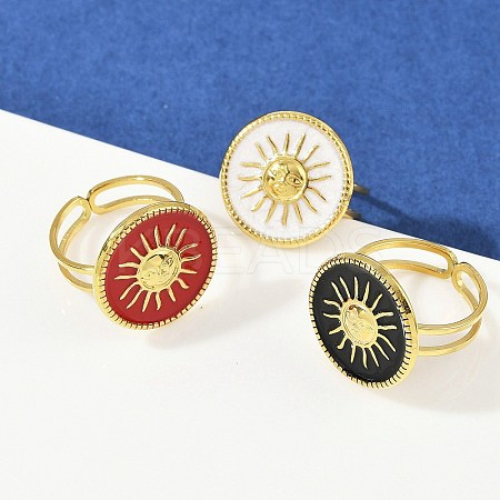 Flat Round with Sun Pattern 304 Stainless Steel Enamel Finger Rings for Women RJEW-G355-05G-1