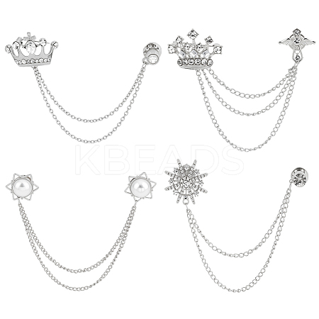 4Pcs 4 Styles Rhinestone Crown & Star Hanging Chain Brooch JEWB-OC0001-10-1