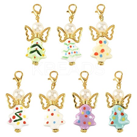 7Pcs 7 Colors Christmas Tree Handmade Porcelain & ABS Plastic Imitation Pearl Angel Pendant Decorations HJEW-FS00083-1