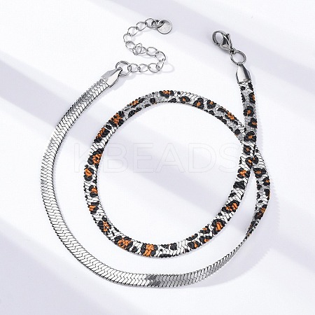 304 Stainless Steel Leopard Print Flat Snake Chain Necklaces for Women NJEW-A044-02B-P-01-1