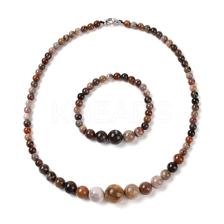 Natural Petrified Wood Round Beads Bracelets & Necklaces Sets SJEW-L132-25-1