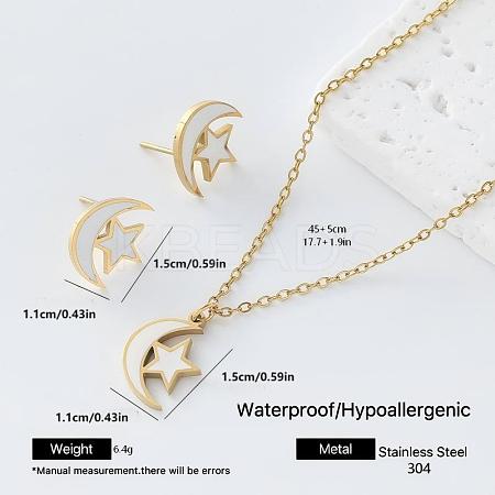 304 Stainless Steel Enamel Moon Star Pendant Necklace & Stud Earrings Set for Women FZ5218-4-1