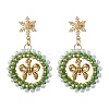 Christmas Wreath Brass Glass Dangle Stud Earrings EJEW-MZ00613-1