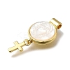 Brass Pave Natural White Shell Flat Round with Cross Pendants KK-C090-40G-04-3