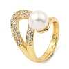 Cubic Zirconia Hollow Teardrop Open Cuff Ring with Plastic Imitation Pearl Beaded RJEW-G294-03G-1