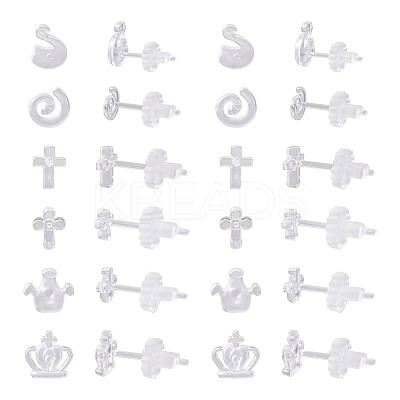 60 Sets 6 Style Crown & Cross & Swan & Vortex Transparent Resin Stud Earrings for Women EJEW-BG0001-02-1