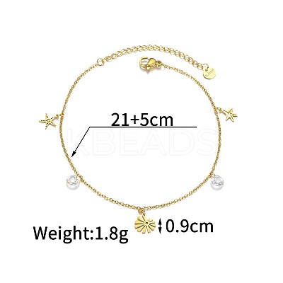 Bohemian Style 304 Stainless Steel Sun Starfish and Flat Round Cubic Zirconia Charm Anklets FS-WGDB107-01-1