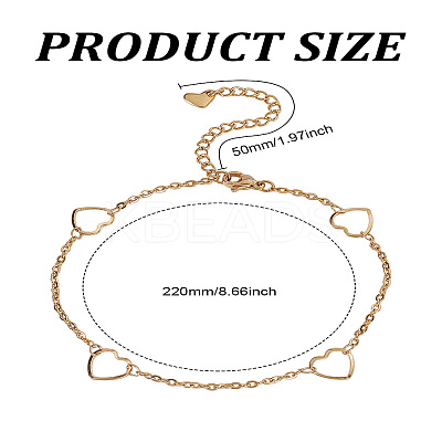 1Pc 304 Stainless Steel Heart Link Anklet with Cable Chains for Women AJEW-LP0006-58-1