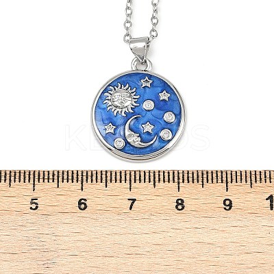 Brass Micro Pave Clear Cubic Zirconia with Blue Enamel Flat Round Pendant Necklaces NJEW-Z088-03P-01-1