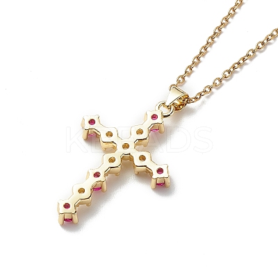 Fuchsia Cubic Zirconia Cross Pendant Necklace NJEW-JN04084-1