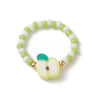 6Pcs 6 Style Strawberry & Watermelon & Kiwi & Apple & Lemon Polymer Clay & Glass Seed Stretch Rings Set RJEW-TA00070-1