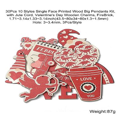 30Pcs 10 Styles Single Face Printed Wood Big Pendants Kit WOOD-CJC0011-11-1