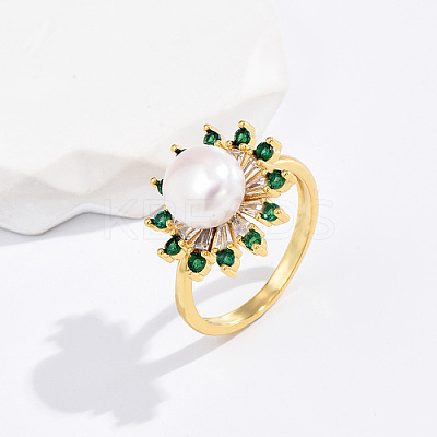 Brass Micro Pave Green Cubic Zirconia Flower Finger Ring KF3453-1-1