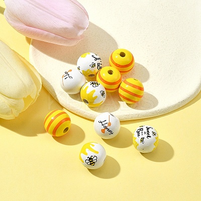 10Pcs 4 Styles Printed Natural Wood European Beads WOOD-FS0001-16-1