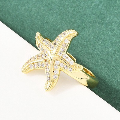 Starfish Brass Micro Pave Clear Cubic Zirconia Cuff Rings for Women RJEW-A088-08B-G-1