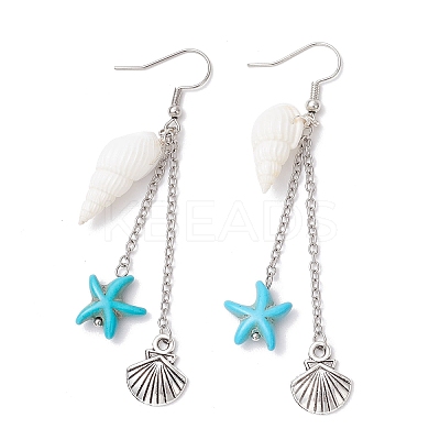 Shell Shape with Starfish Dangle Earrings EJEW-TA00640-1
