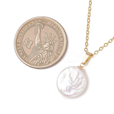Natural Baroque Pearl Keshi Pearl Flat Round Pendant 304 Stainless Steel Cable Chain Necklaces NJEW-JN05892-1