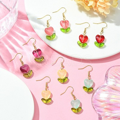 Heart Flower Glass & Lampwork Dangle Earrings EJEW-JE05324-1