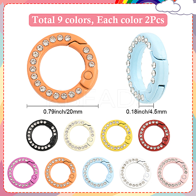 18Pcs 9 Colors Zinc Alloy Rhinestone Spring Gate Rings FIND-SC0019-50B-1