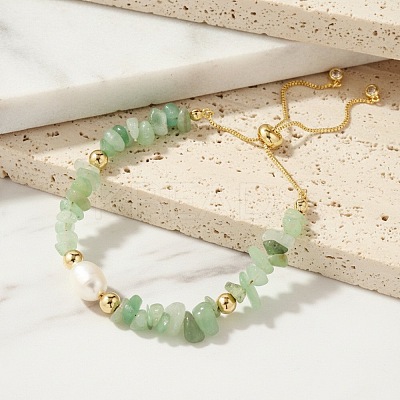 Natural Freshwater Pearl and Natural Green Aventurine Chip Beaded Adjustable Brass Box Chain Slider Bracelets for Women PS0343-1-1