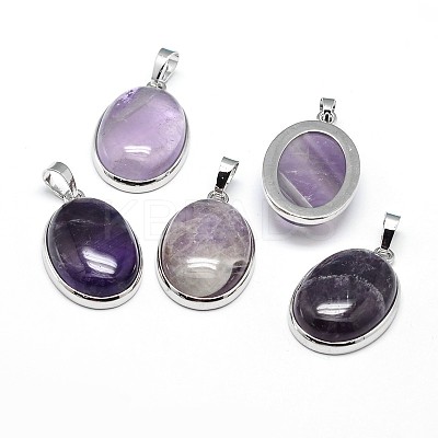 Oval Platinum Plated Brass Natural Amethyst Pendants X-G-F228-15C-RS-1