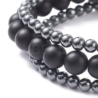 3Pcs 3 Style Round Synthetic Black Stone & Hematite Beaded Stretch Bracelets Set BJEW-JB07688-02-1