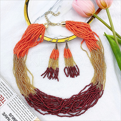 Bohemian Style Acrylic Seed Beaded Multilayer Necklaces & Tassel Dangle Earrings Sets FS-WG5C0BD-03-1